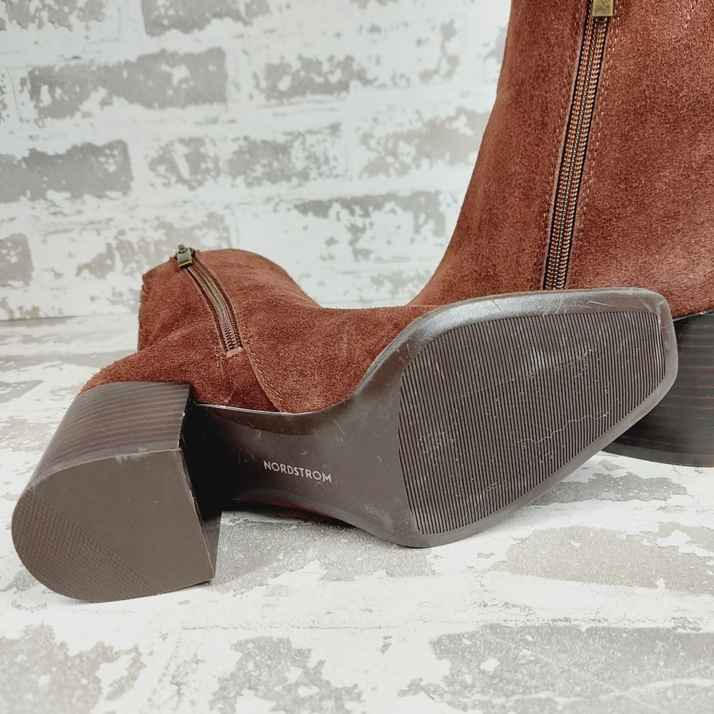 New Nordstrom Novanna Brown Suede Square Toe Block Heel Booties X207 - Picture 8 of 11